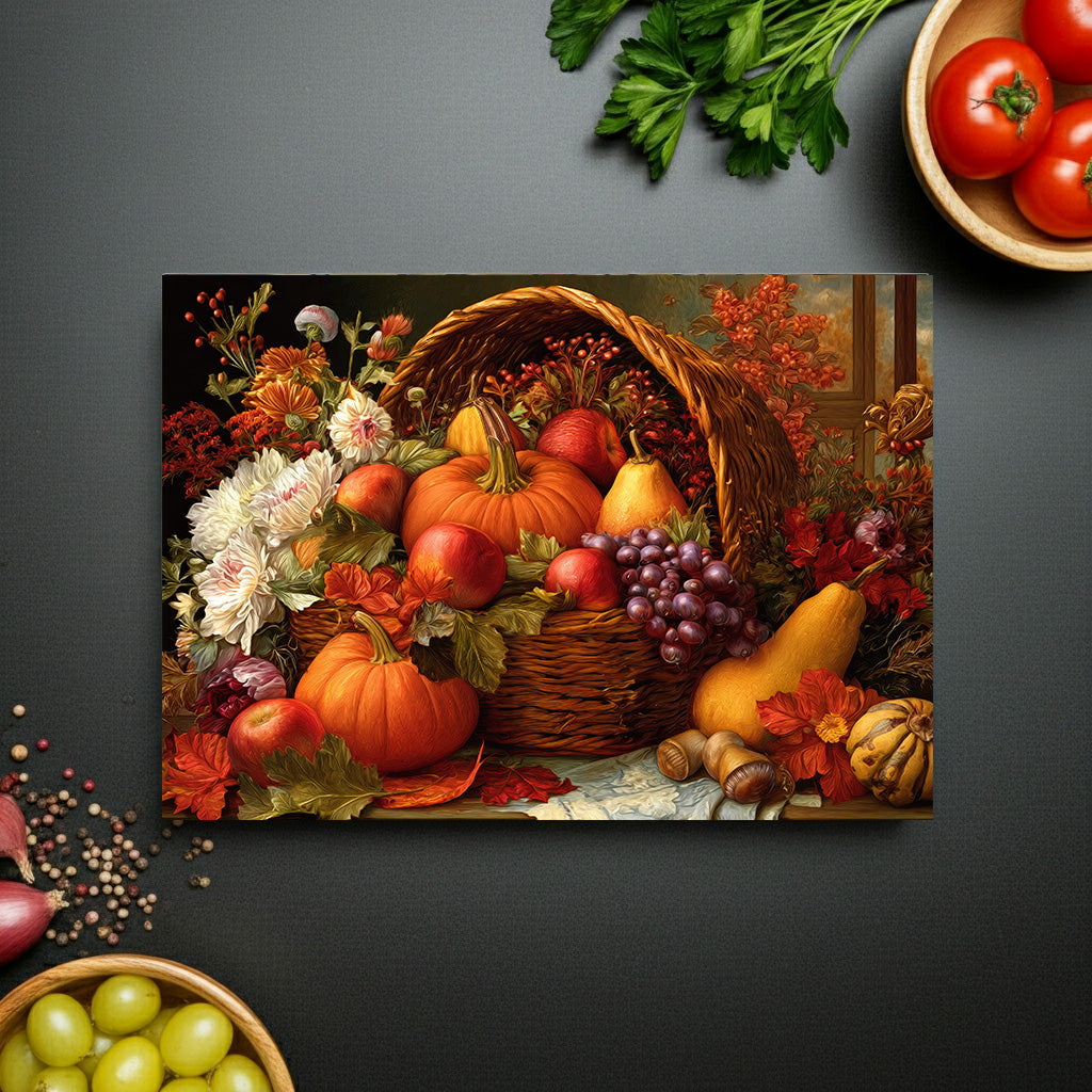 Autumn Harvest Glass Cutting Board — Pumpkin & Fruit Still Life Kitchen Décor