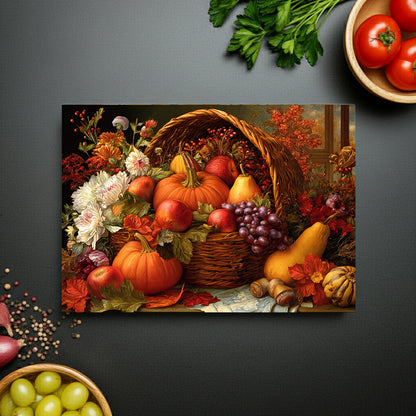 Autumn Harvest Glass Cutting Board — Pumpkin & Fruit Still Life Kitchen Décor
