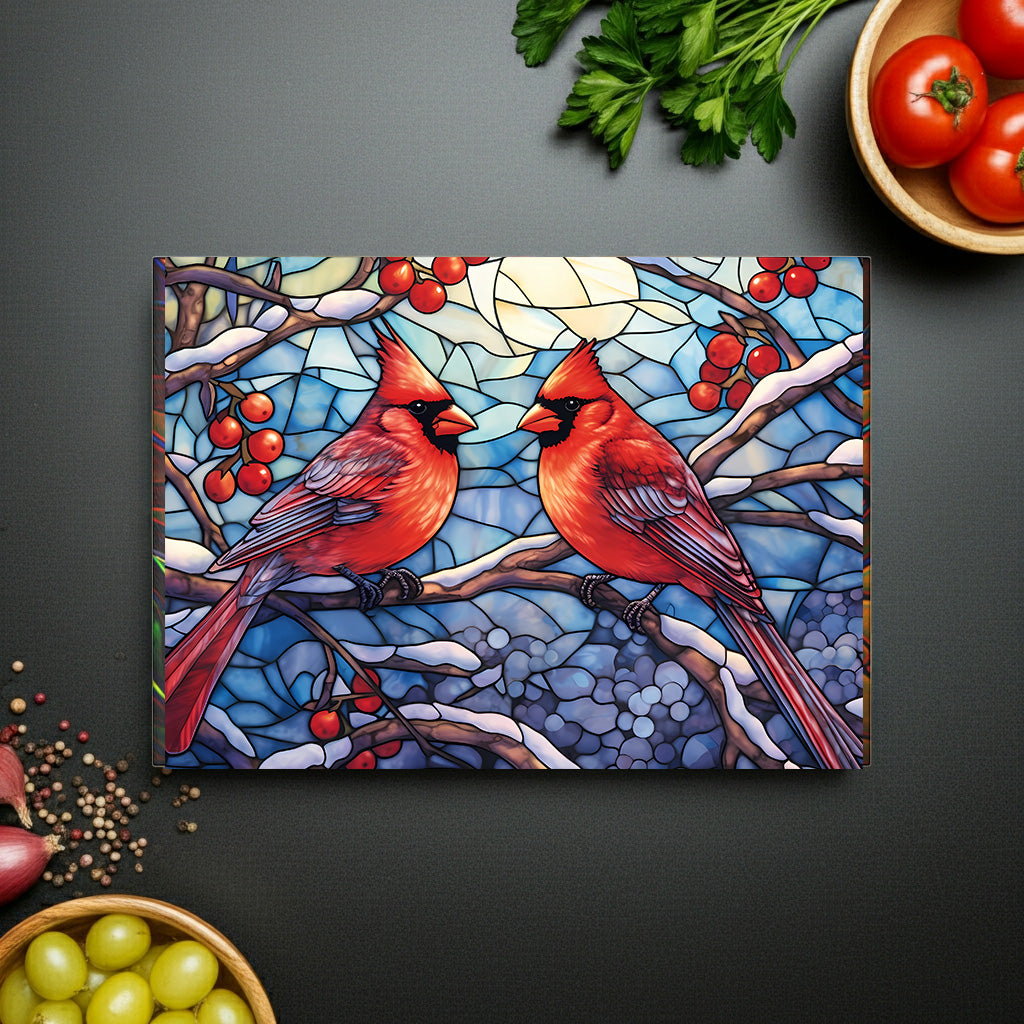 Cardinal Stained-Glass Glass Cutting Board — Decorative Holiday Kitchen Trivet