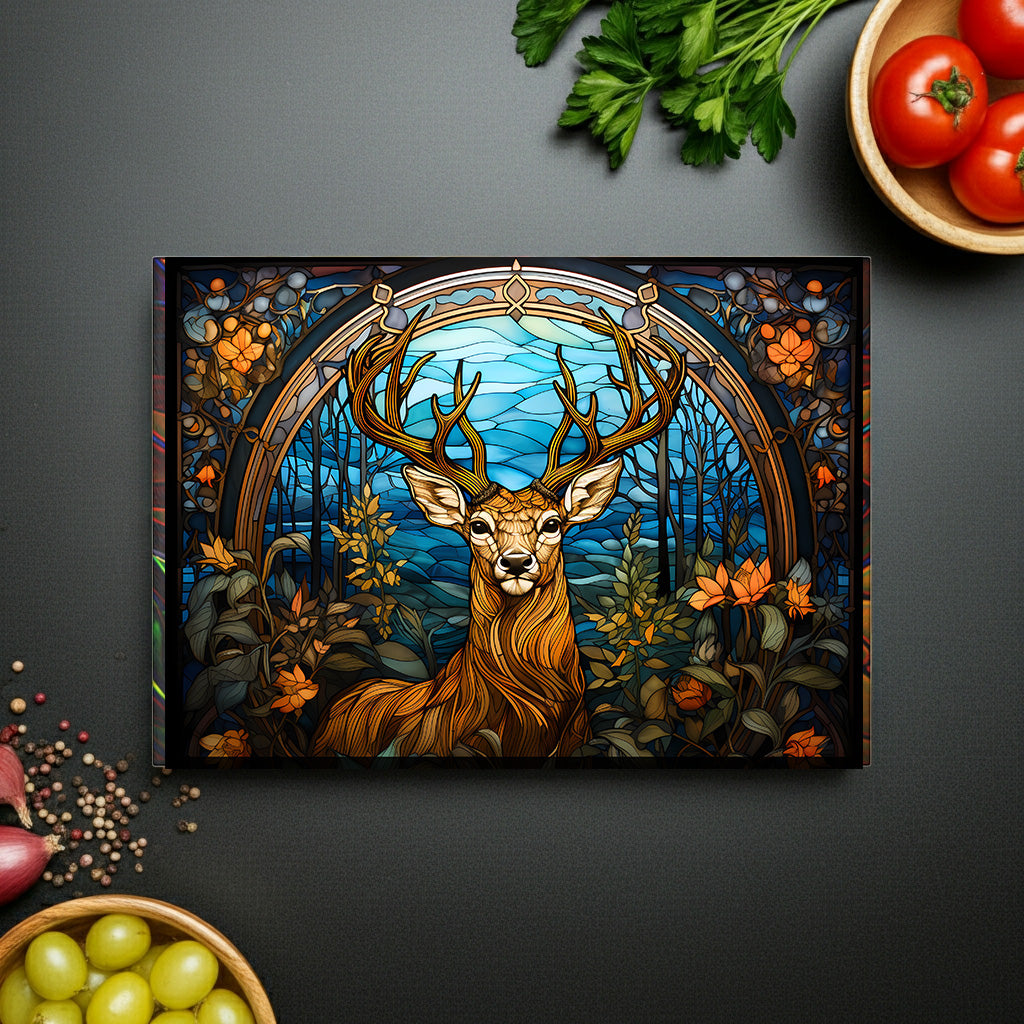 Glass Cutting Board - Stained Glass Stag Design