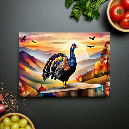 Glass Cutting Board — Colorful Turkey Sunset Kitchen Cutting Board, Autumn Farmhouse Décor