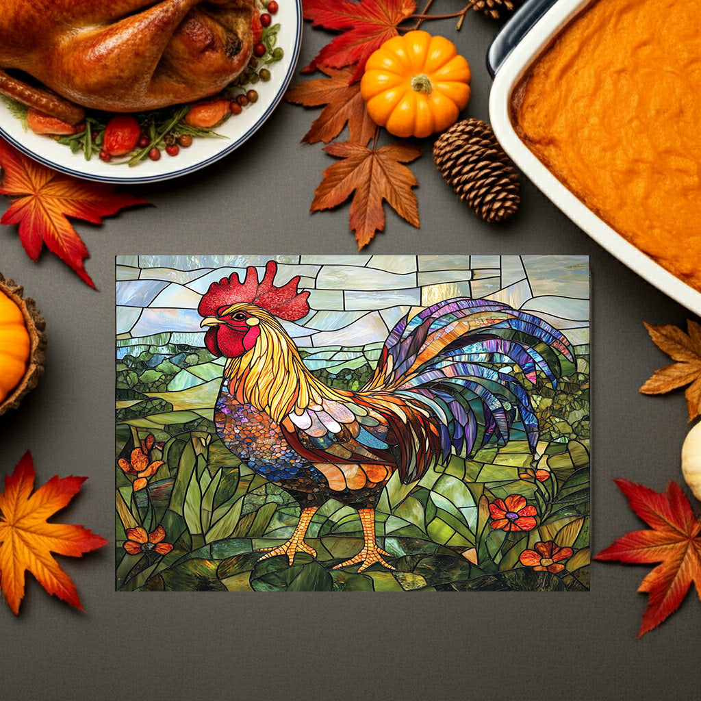 Rooster Mosaic Glass Cutting Board – Colorful Stained-Glass Kitchen Decor