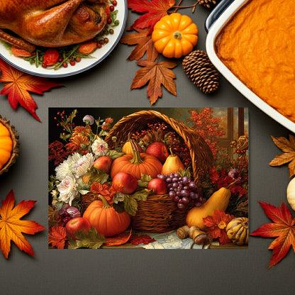 Autumn Harvest Glass Cutting Board — Pumpkin & Fruit Still Life Kitchen Décor