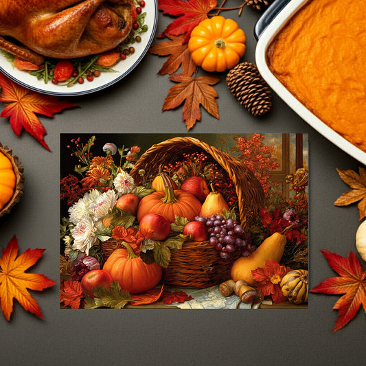 Autumn Harvest Glass Cutting Board — Pumpkin & Fruit Still Life Kitchen Décor