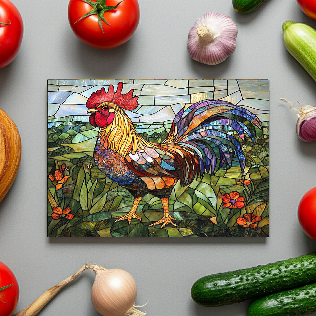Rooster Mosaic Glass Cutting Board – Colorful Stained-Glass Kitchen Decor