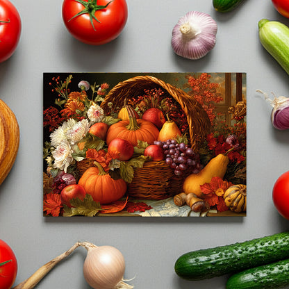 Autumn Harvest Glass Cutting Board — Pumpkin & Fruit Still Life Kitchen Décor