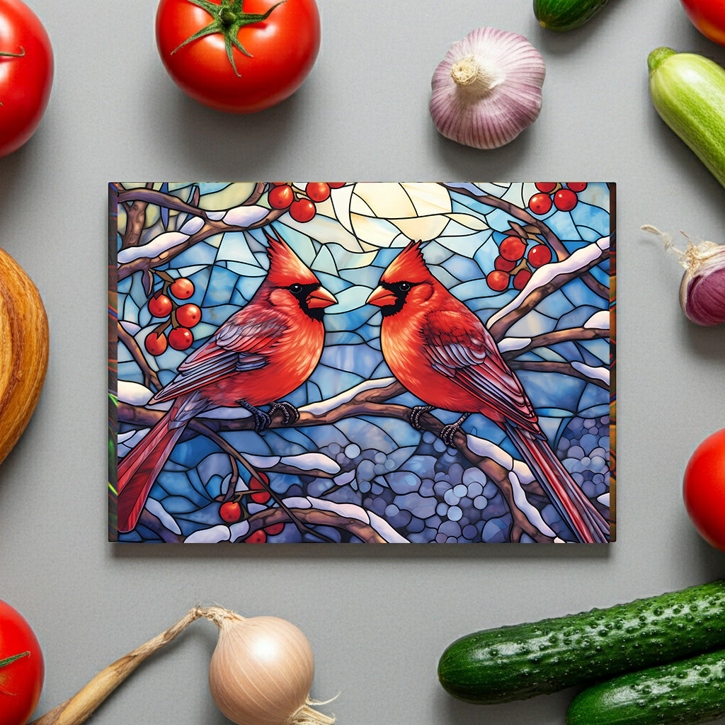 Cardinal Stained-Glass Glass Cutting Board — Decorative Holiday Kitchen Trivet