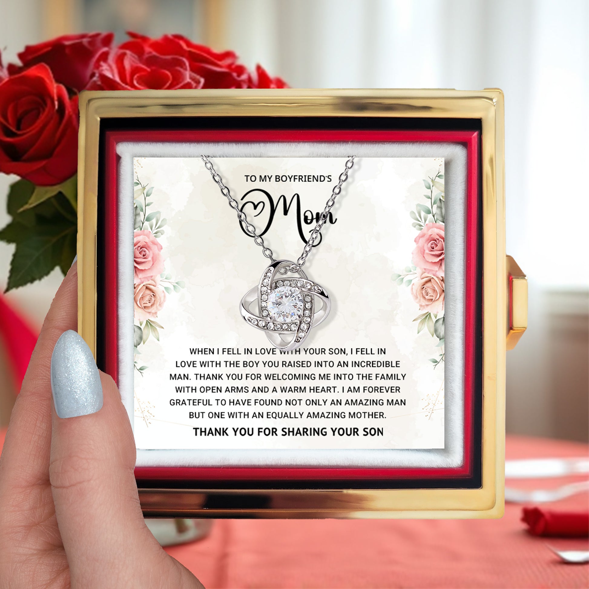 To My Boyfriend's Mom - Thank You For Sharing Your Son - Love Knot Necklace with Rose Gift Box - Mallard Moon Gift Shop
