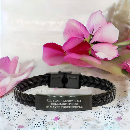 Braided Bullmastiff Dog Bracelet – “All I Care About Is My Bullmastiff Dog & Maybe Three People” – Interwoven Adjustable Cord Design - Mallard Moon Gift Shop