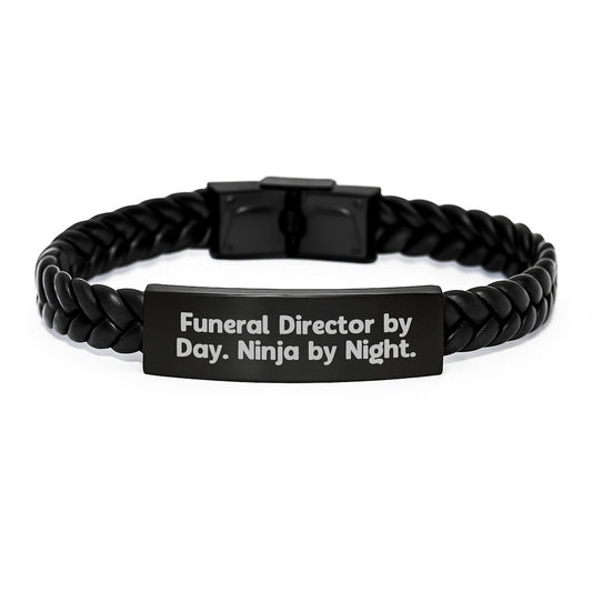 Funeral Director by Day, Ninja by Night - Interlaced Leather Bracelet Gifts for Funeral Directors Men, Unique Graduation Gift for Friends, Coworkers, Family - 'Funny' Quote - Image 1