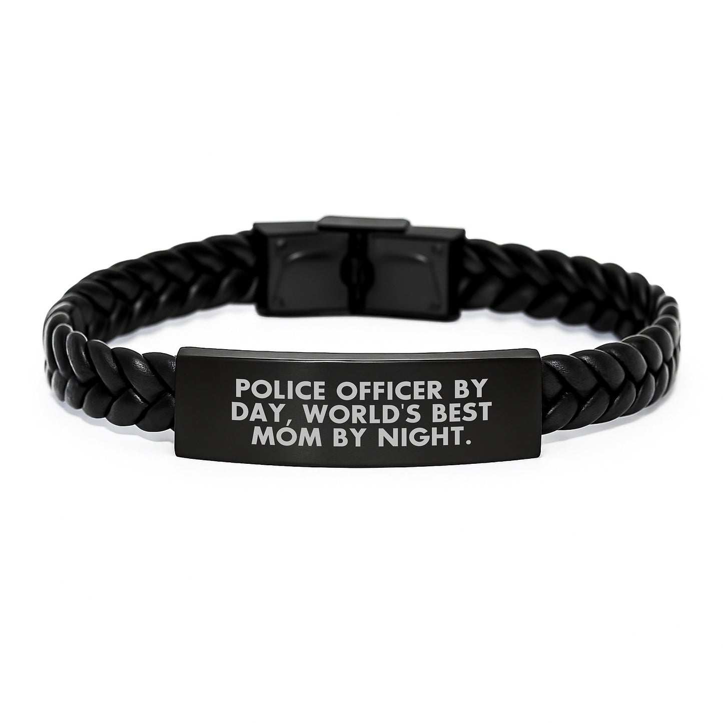 Police Officer Gifts - Funny Quote Leather Bracelet, Gifts from Friends and Family for Graduation, 'Police Officer By Day, World's Best Mom By Night.' - Image 1