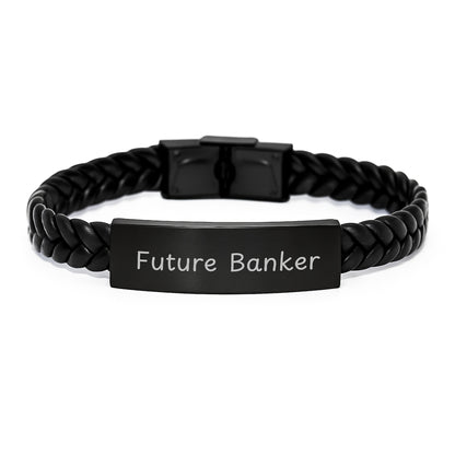Funny Future Banker Birthday Unique Gifts from Family for Men and Women Interlaced Leather Bracelet, Quote: 'Future Banker' - Image 1