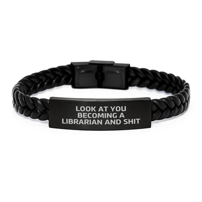 Funny Librarian Gifts, Birthday Unique Gifts from Friends to Librarian, Interlaced Leather Bracelet with Stainless Steel and PU Leather - Image 1