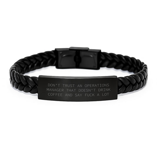 Funny Operations Manager Gifts, Interlaced Leather Bracelet, Unique Christmas Memorable Presents for Operations Manager, Don't Trust An Ops Manager That Doesn't Drink Coffee - Image 1
