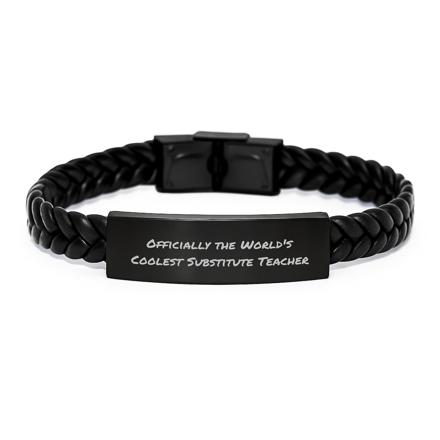 Funny Substitute Teacher Gifts from Friends for Christmas Unique Gifts - Officially The Worlds Coolest Substitute Teacher Stainless Steel Interlaced Leather Bracelet - Image 1