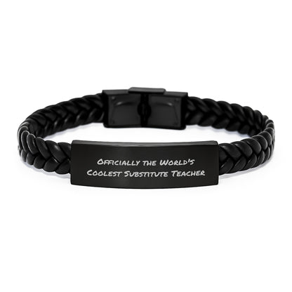 Funny Substitute Teacher Gifts from Friends for Christmas Unique Gifts - Officially The Worlds Coolest Substitute Teacher Stainless Steel Interlaced Leather Bracelet - Image 1