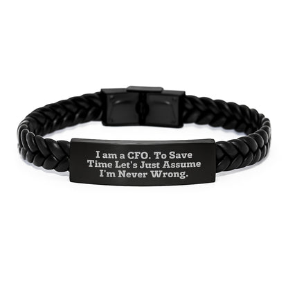 Funny CFO Christmas Unique Gifts for Men - Interlaced Leather Bracelet with Stainless Steel, 'I Am A Cfo To Save Time Lets Just Assume Im Never Wrong' Engraved, Unique Presents for CFOs - Image 1