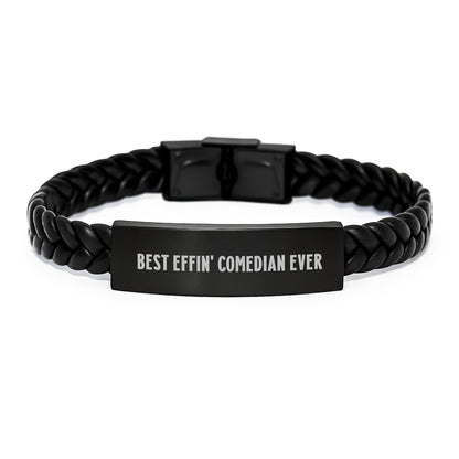 Funny Comedian Gifts from Friends to Men Interlaced Leather Bracelet, Best Effin' Comedian Ever Quote, Unique Christmas Unique Gifts for Comedian - Image 1