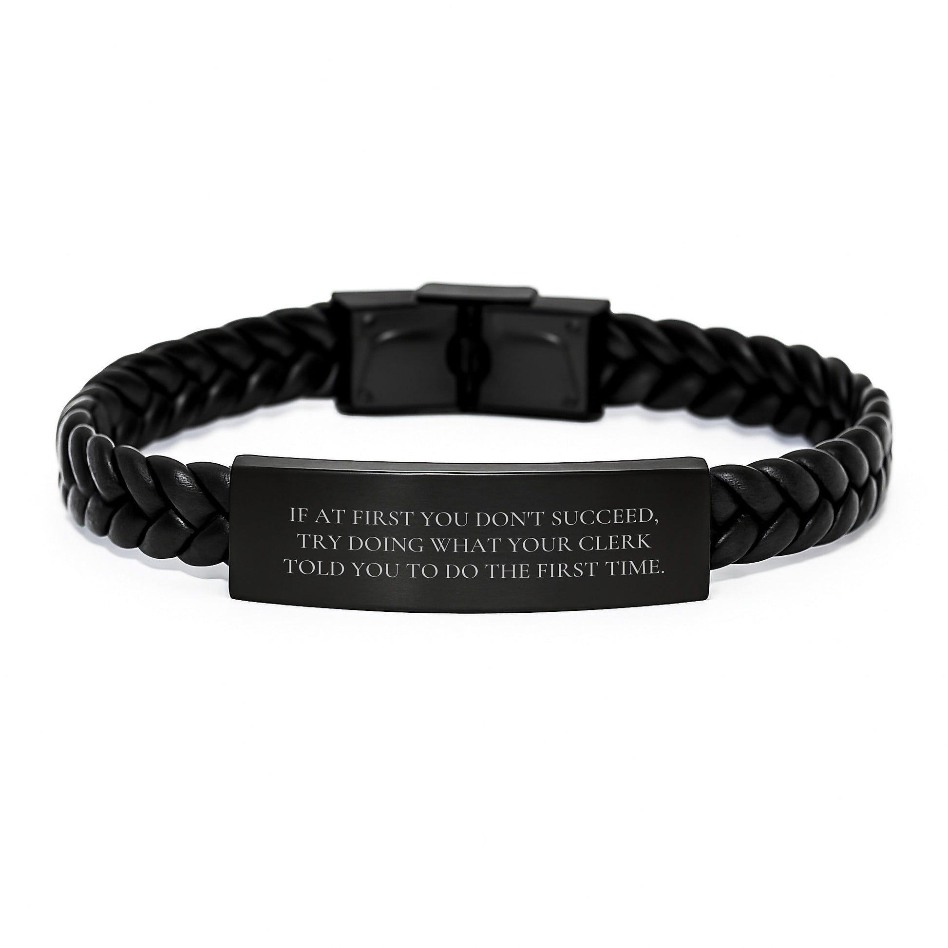 Funny Clerk Gifts, Interlaced Leather Bracelet with Quote, Graduation Unique Gifts from Friends, Gifts for Clerk - Image 1