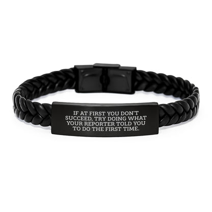 Funny Reporter Gifts, Christmas Unique Jewelry for Men, Interlaced Leather Bracelet with Engraved Stainless Steel - Image 1