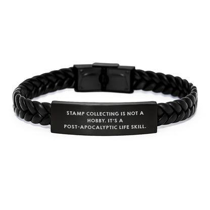 Funny Stamp Collecting Gifts for Men - Interlaced Leather Bracelet with Quote 'Stamp Collecting Is Not A Hobby. It's A Post-apocalyptic Life Skill.' - Graduation Unique Gifts from Family - Image 1