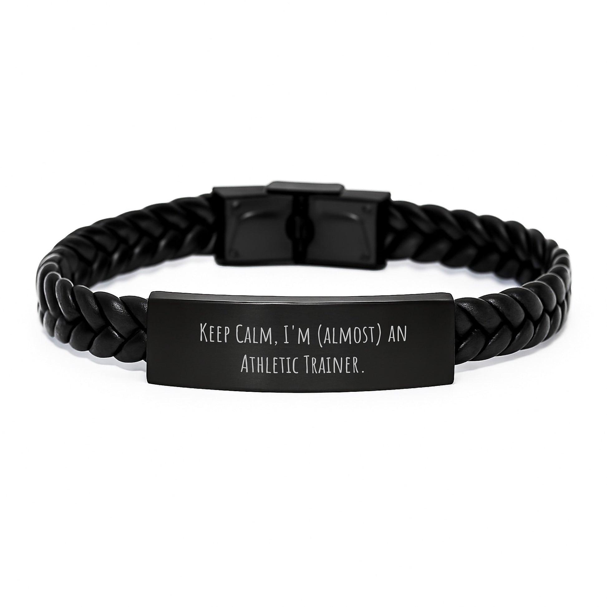 Keep Calm, I'm (almost) An Athletic Trainer! Funny Athletic Trainer Gifts for Men from Friends to Coworkers, Interlaced Leather Bracelet for Graduation - Image 1