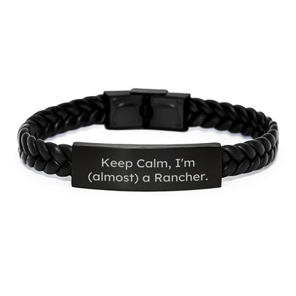 Funny Rancher Gifts from Men for Rancher, Interlaced Leather Bracelet, Keep Calm I'm Almost a Rancher Christmas Unique Gift - Image 1