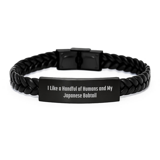 Funny Japanese Bobtail Cat Lover Gifts for Men from Friends, Unique Interlaced Leather Bracelet for Men with Japanese Bobtail Cat Quote, Christmas Unique Gifts - Image 1