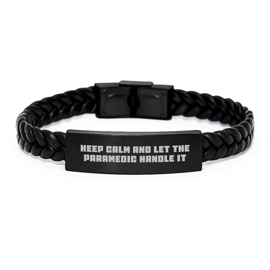 Funny Rescue Worker Gifts for Men, Christmas Unique Gifts from Friends, Interlaced Leather Bracelet for Rescue Workers with Keep Calm And Let The Rescue Worker Handle It Quote - Image 1