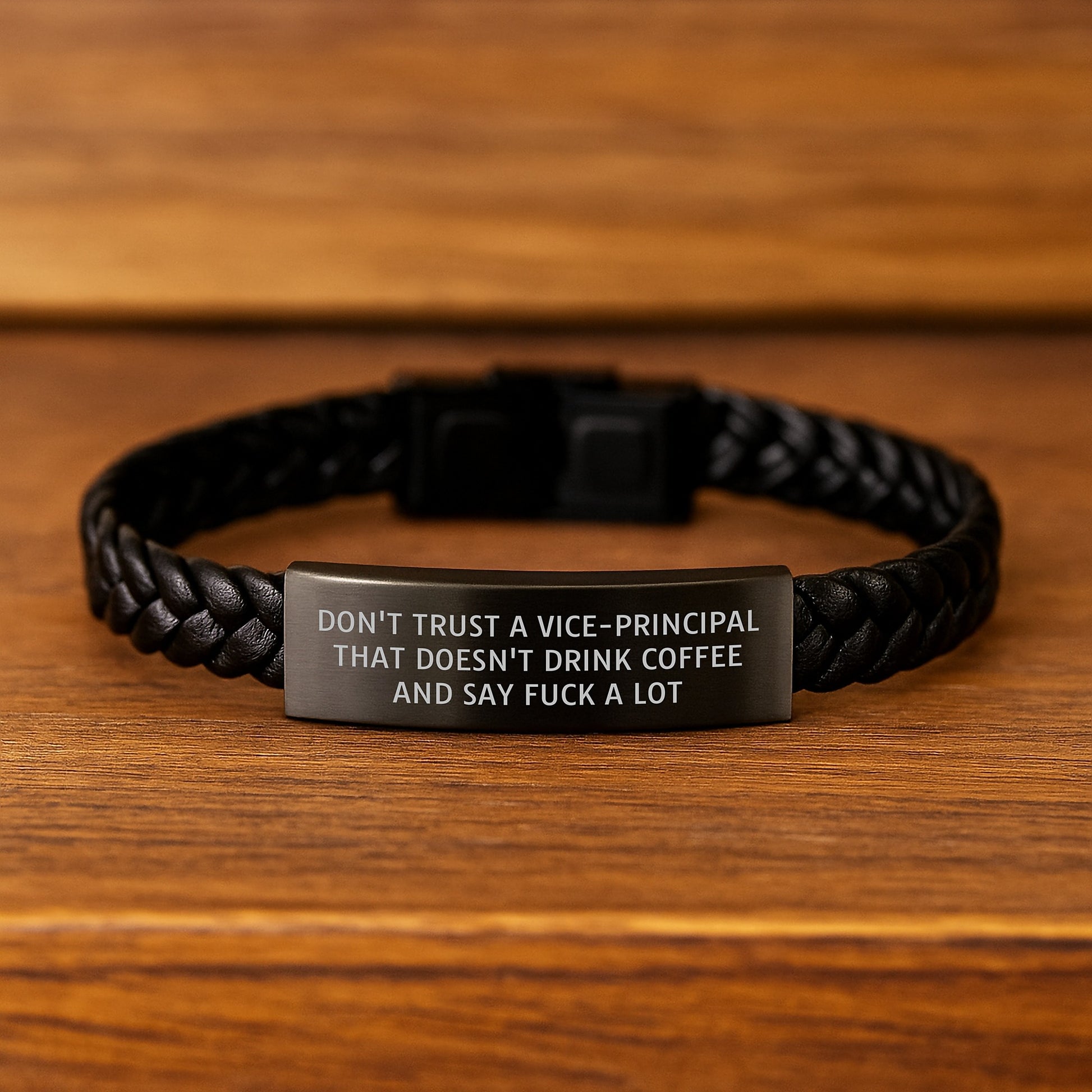 Funny Vice-principal Gifts for Men from Friends - Christmas Unique Interlaced Leather Bracelet with Quote 'Don't Trust A Vice-principal That Doesn't Drink Coffee And Say F*** A Lot' - Image 2