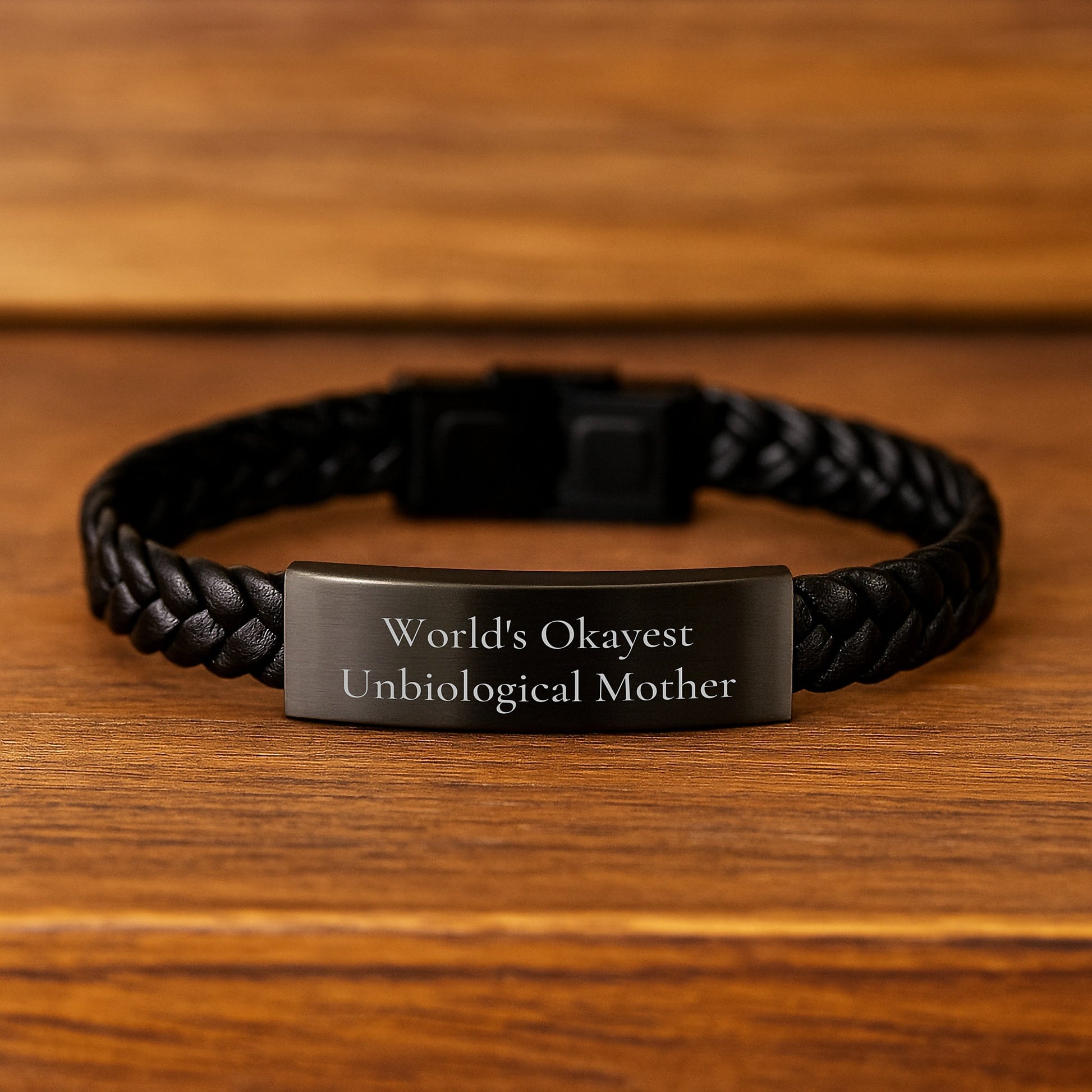 Funny Unbiological Mother Gifts from Men, Unique Christmas Unique Gifts for Unbiological Mother, Interlaced Leather Bracelet with World's Okayest Unbiological Mother Quote - Image 2