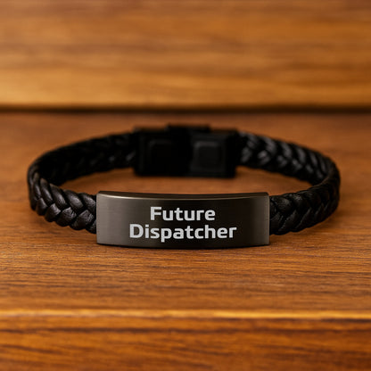 Funny Future Dispatcher Inspirational Quote Engraved Interlaced Leather Bracelet Gifts from Men, Christmas Unique Gifts for Dispatcher Friends, Stainless Steel and PU Leather Cufflink - Image 2