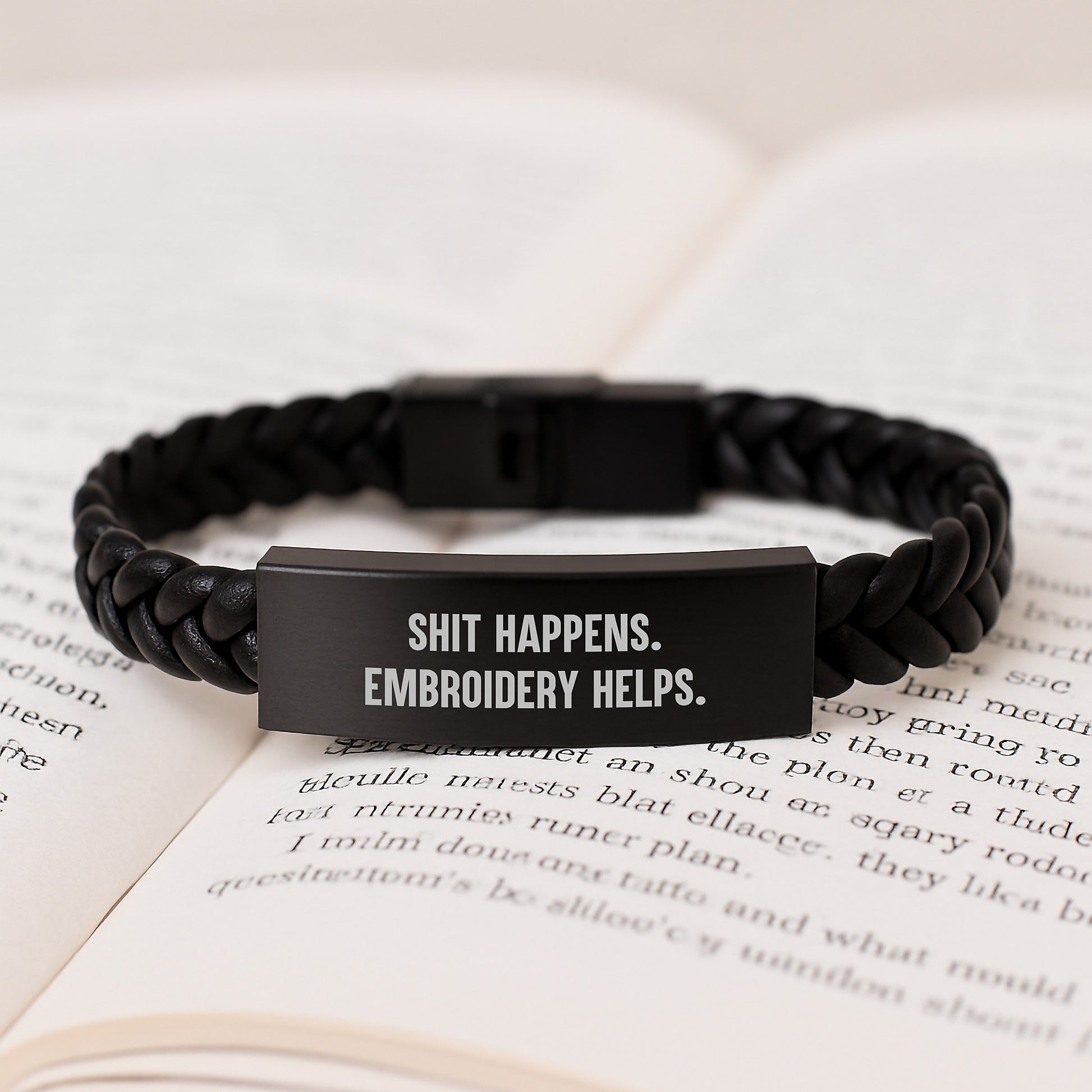 Funny Embroidery Quote Interlaced Leather Braclet, Gifts for Men, Women, Friends, Coworkers, Family - Shit Happens. Embroidery Helps. for Graduation - Image 3