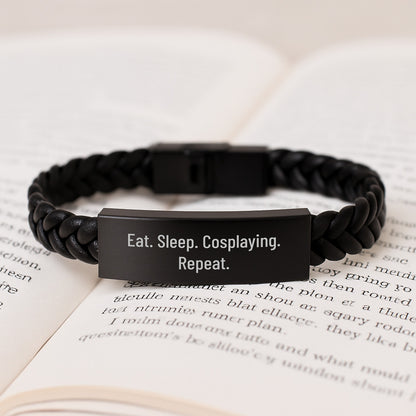 Cosplaying Enthusiast Gifts, Eat. Sleep. Cosplaying. Repeat., Interlaced Leather Bracelet for Men, 7.87 inches, Stainless Steel and PU Leather, Graduation Unique Gifts from Friends, Family, Coworkers - Image 3