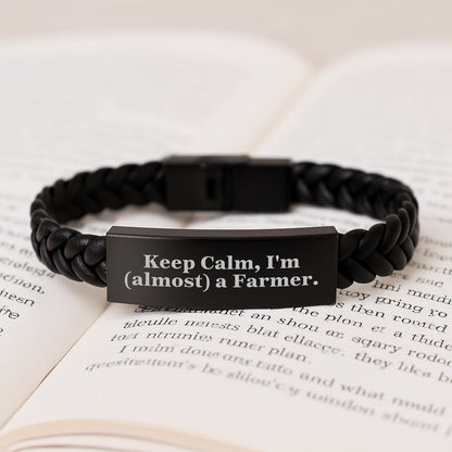 Funny Farmer Gifts for Men, Interlaced Leather Bracelet with Keep Calm I'm almost a Farmer Quote, Perfect Christmas Unique Gifts from Friends - Image 3
