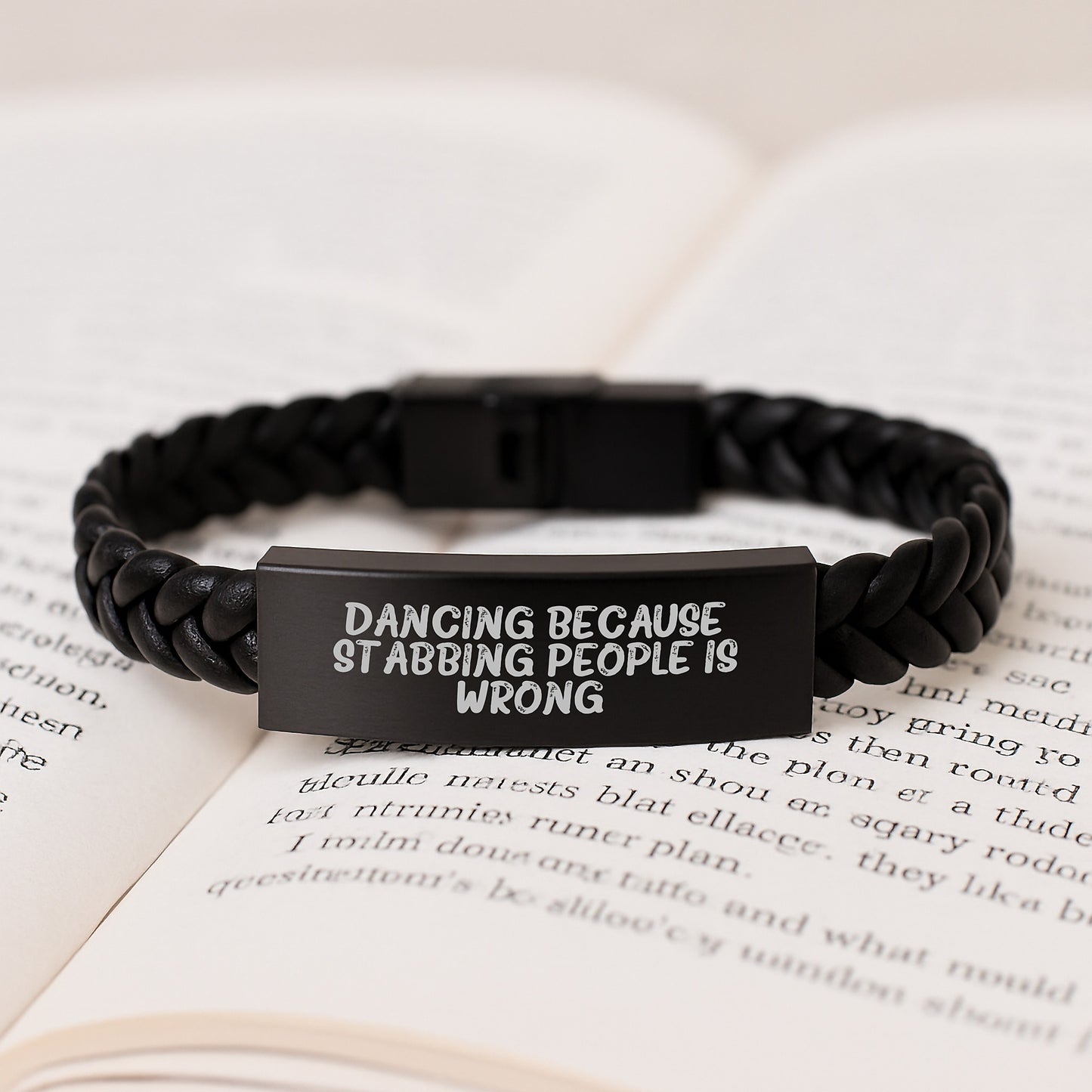 Funny Dance Gifts for Friends - Interlaced Leather Stainless Steel Birthday Present from Men to Women, 'Dancing Because Stabbing People Is Wrong.' Quote - Image 3
