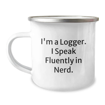 Funny Logger Gifts for Men - 'I'm A Logger. I Speak Fluently In genius.' Stainless Steel Camping Mug for Logger Friends, Family, Coworkers, Christmas Unique Gifts - Image 1