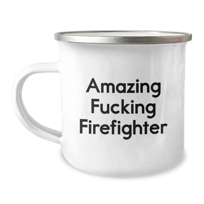 Funny Firefighter Gifts for Men, Camping Mug with 'Amazing F--king Firefighter' Quote, 12 oz Stainless Steel with Enamel Finish, Graduation Unique Gifts from Family - Image 1