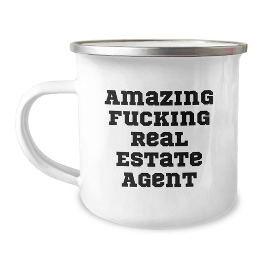 Funny Real Estate Agent Gifts from Friends - Amazing F--king Real Estate Agent Quote on Camping Mug, 12 oz, Stainless Steel with Enamel Finish for Graduation - Image 1