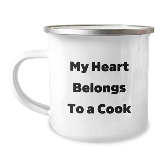 Funny Cook Gifts from Friends for Men or Women - 'My Heart Belongs To A Cook' Camping Mug for Graduation, Unique Cookware for Outdoor Lovers - Image 1