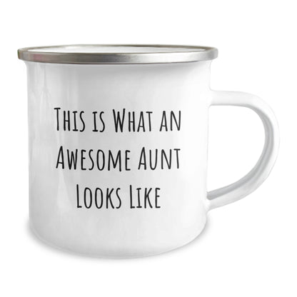 Awesome Aunt Camping Mug, Gifts from Family - 'This Is What An Awesome Aunt Looks Like' Funny Quote, 12 oz Stainless Steel with Enamel Finish, Birthday Unique Gifts for Aunt - Image 2