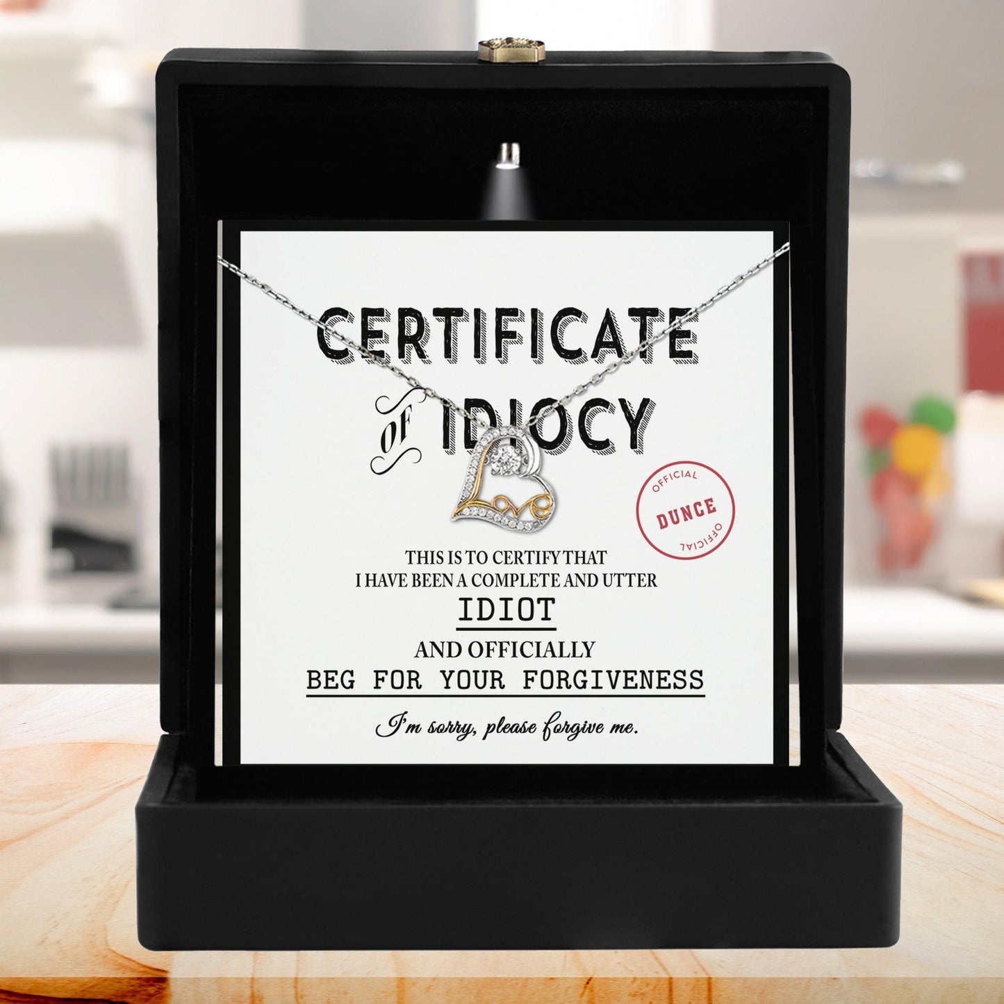 Apology Gift for Girlfriend, Wife, Soulmate - Sorry, Certificate Of Idiocy - Love Dancing Heart Pendant Necklace - Mallard Moon Gift Shop