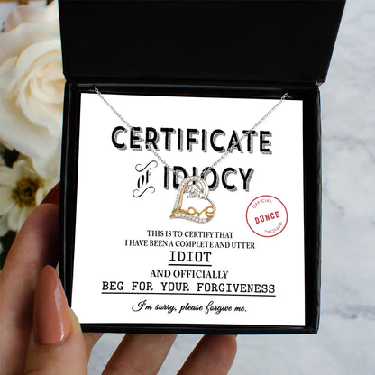 Apology Gift for Girlfriend, Wife, Soulmate - Sorry, Certificate Of Idiocy - Love Dancing Heart Pendant Necklace - Mallard Moon Gift Shop