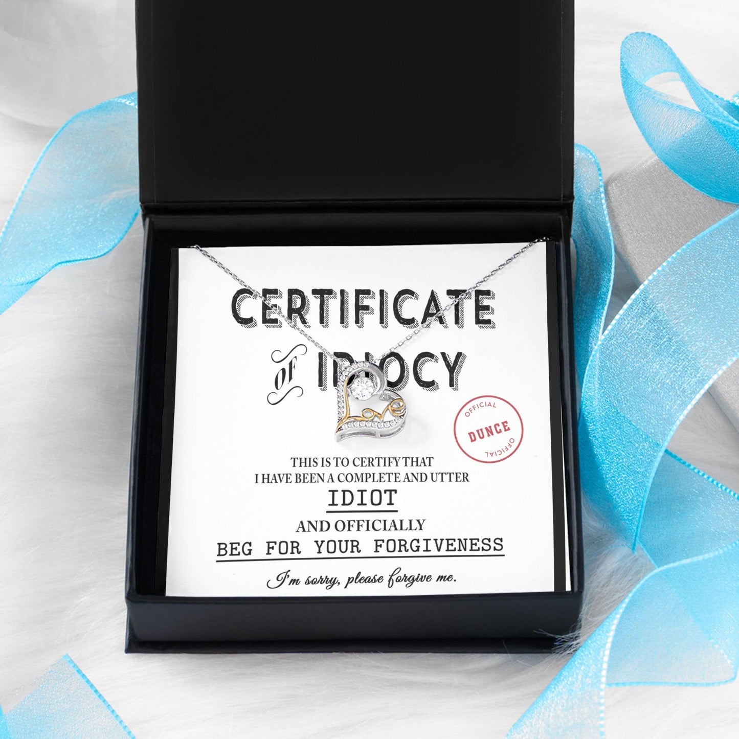 Apology Gift for Girlfriend, Wife, Soulmate - Sorry, Certificate Of Idiocy - Love Dancing Heart Pendant Necklace - Mallard Moon Gift Shop