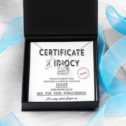 Apology Gift for Girlfriend, Wife, Soulmate - Sorry, Certificate Of Idiocy - Love Dancing Heart Pendant Necklace - Mallard Moon Gift Shop