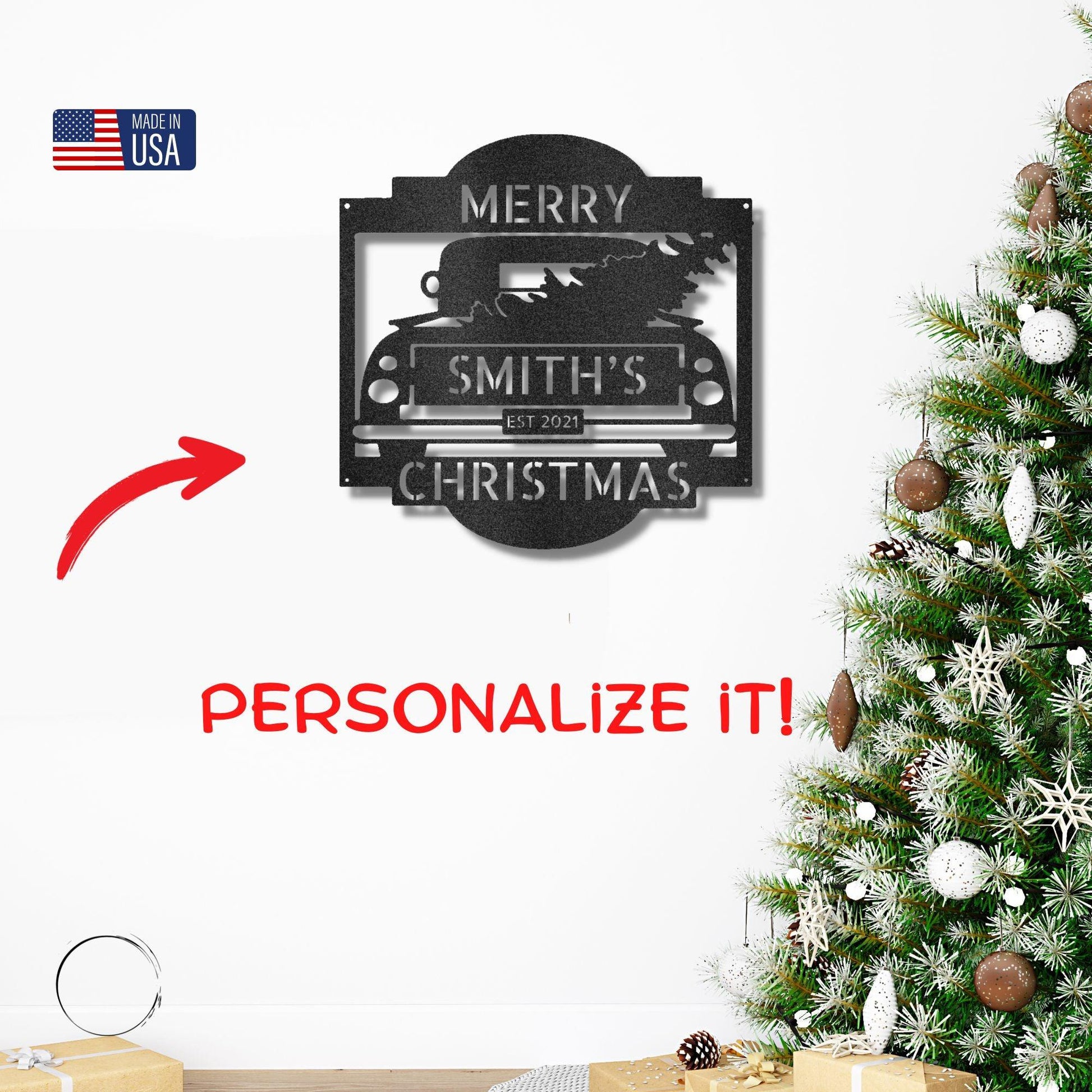 Christmas Truck Personalized Metal Wall Sign Art: Elegantly Crafted in the USA - Mallard Moon Gift Shop