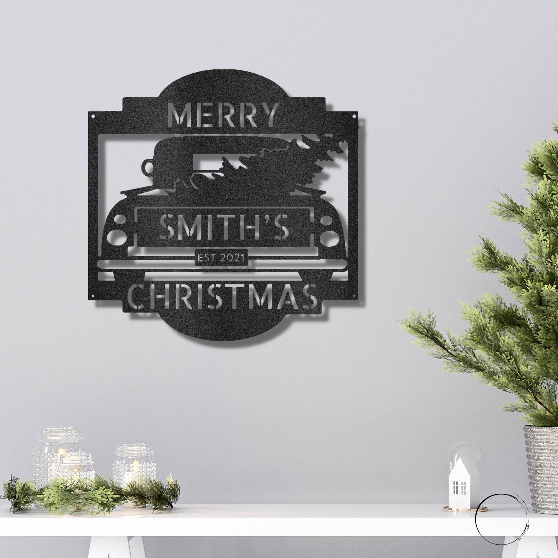 Christmas Truck Personalized Metal Wall Sign Art: Elegantly Crafted in the USA - Mallard Moon Gift Shop