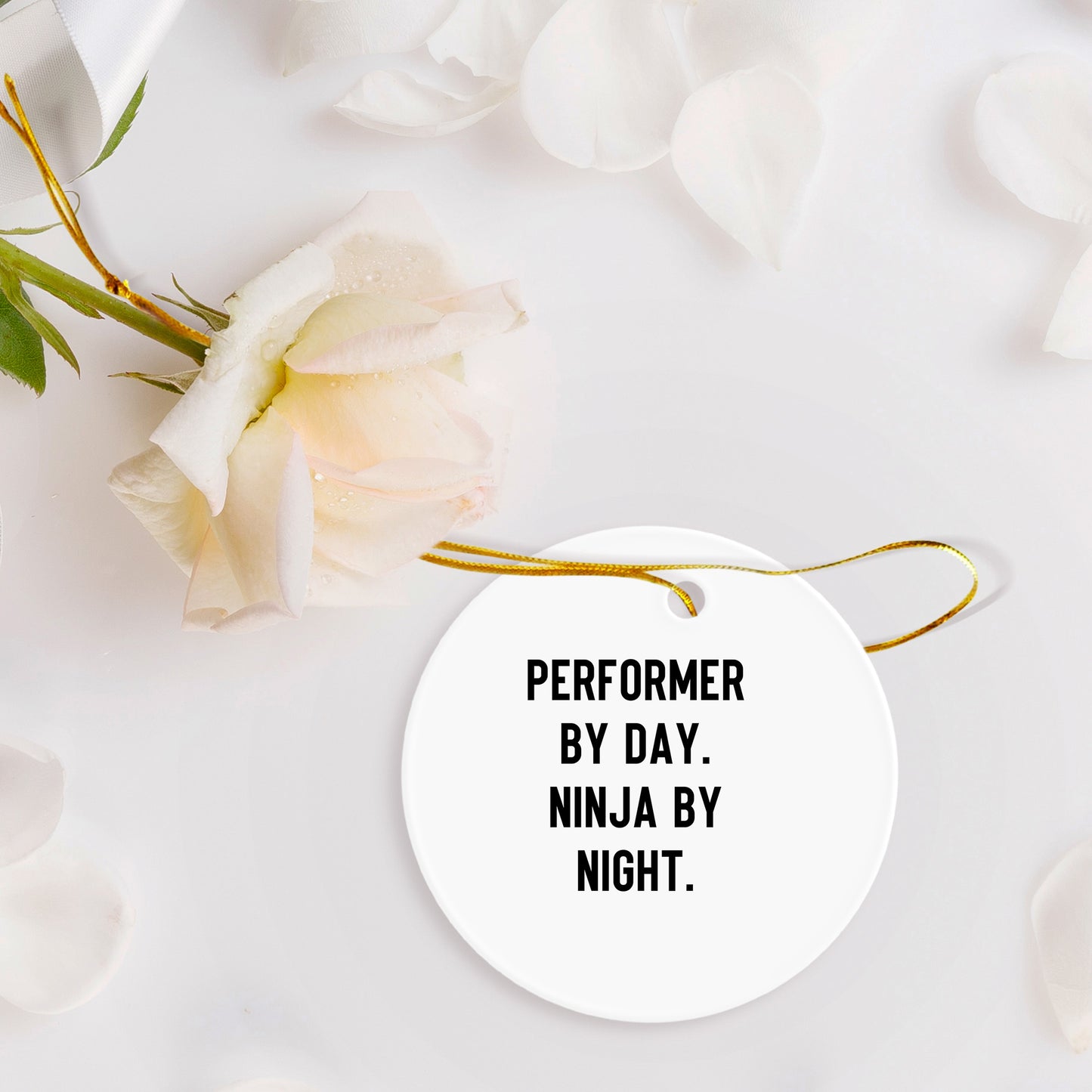 Performer Funny Circle Christmas Tree Ornament - "Performer by Day, Ninja By Night" - Unique Gift for Actors, Dancers, Musicians, Artists - Mallard Moon