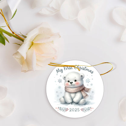 My First Christmas 2025 Bear Ornament – Baby’s First Christmas Keepsake, Cute Newborn Gift, Durable MDF Ornament with Gold Cord - Mallard Moon