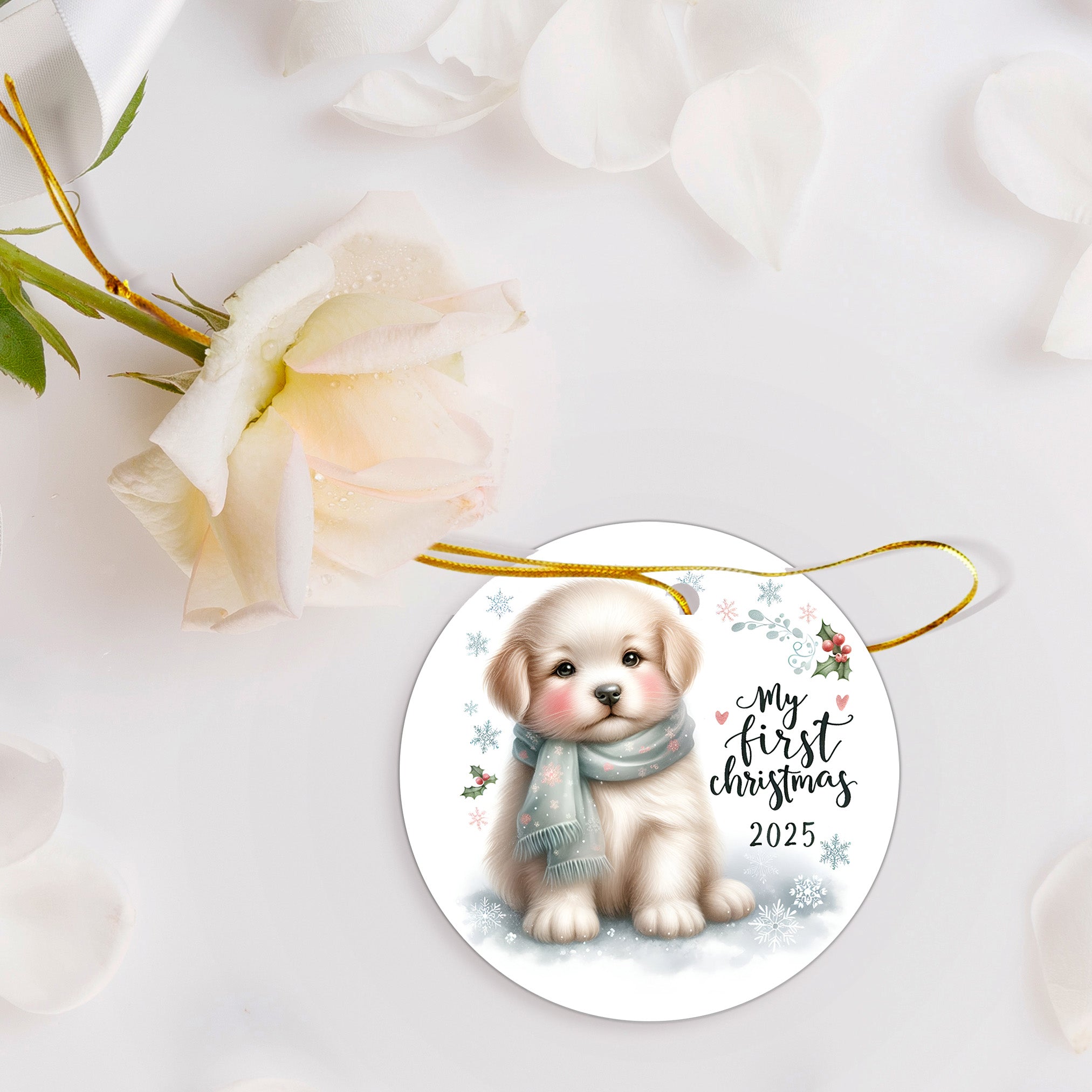 My First Christmas 2025 Puppy Ornament – Baby’s First Christmas Keepsake, Cute Newborn Gift, Durable MDF Ornament with Gold Cord - Mallard Moon